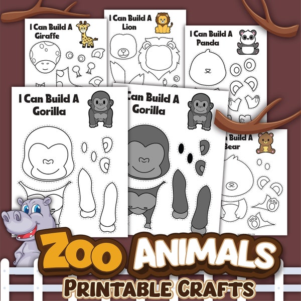 Zoo Tiere Druckbare Bastelkarten | Malen, Ausschneiden und Einfügen von Kunstprojekten für Kinder