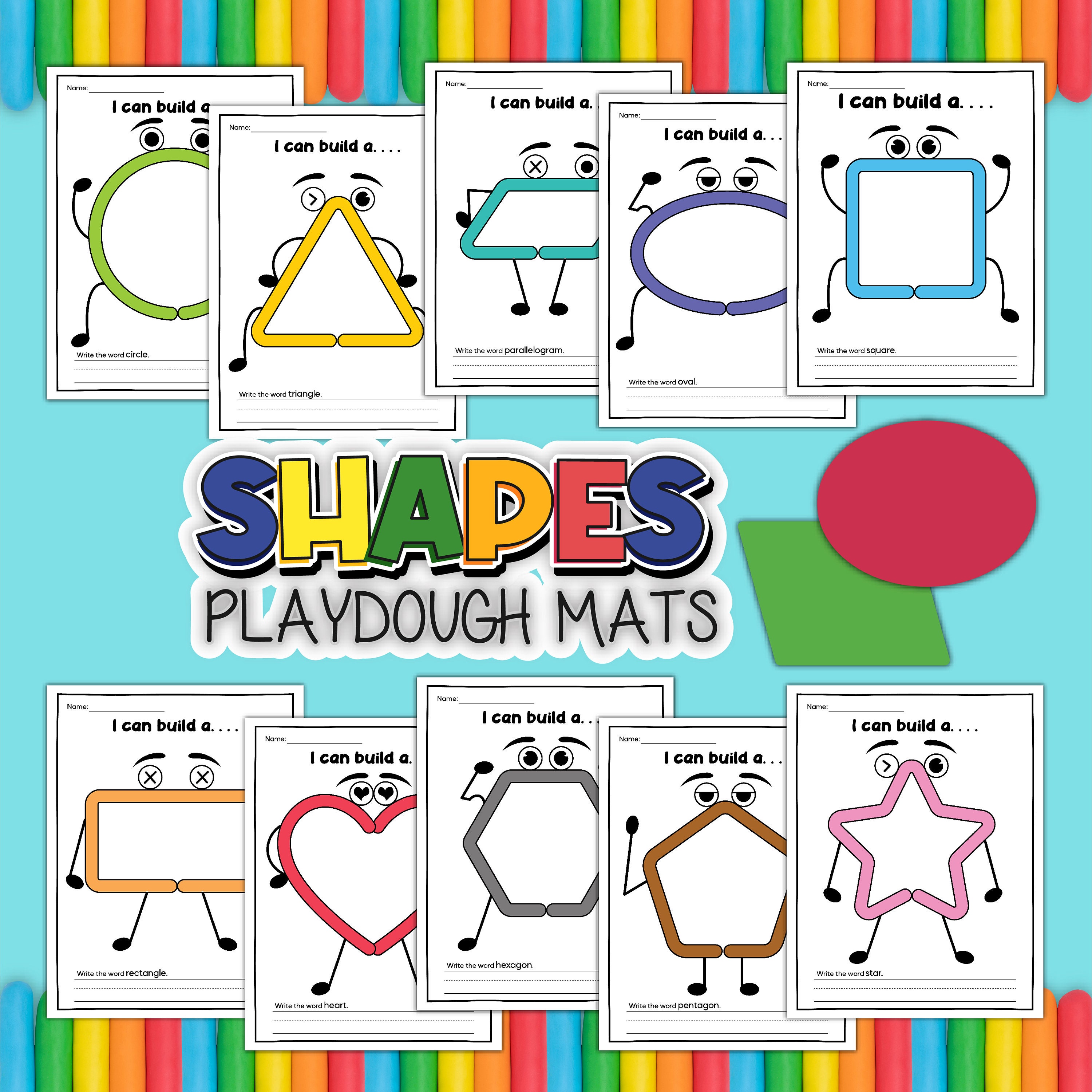 50 Printable Playdough Mats for Kids. Emotions Time Food Shapes