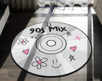 Alfombra con CD de los 90, Nostalgia de los 90, Alfombra vintage, Alfombra bonita de los 90, Decoración del hogar, Tapete, Alfombra bonita, Amantes de la música, Alfombra circular vintage, Mixtape