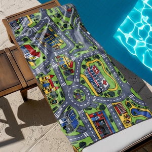 City Teppich Nostalgie Handtuch, 90er Jahre Strandtuch, Vintage Pooltuch, 90er Jahre Nostalgie, Spielzeugauto Stadtteppich Design, Lustiges Handtuch, Retro Strandtuch