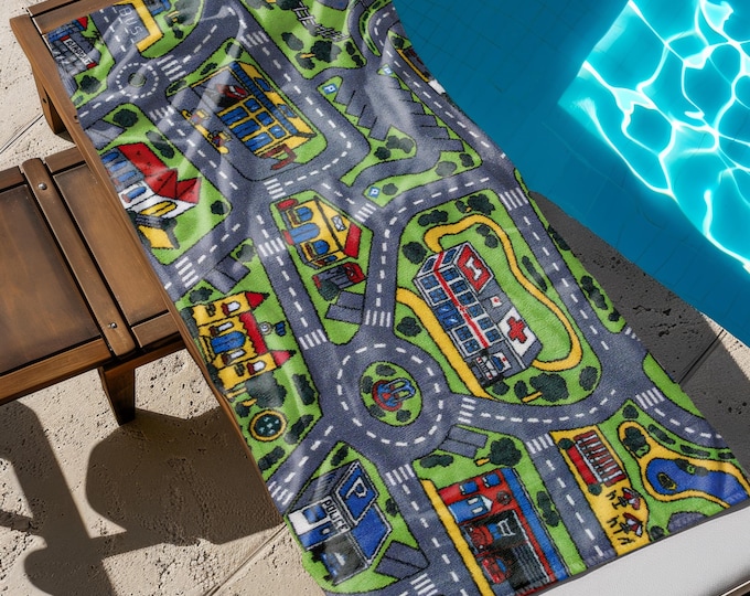 City Carpet Nostalgia Towel, 90s Beach Towel, Vintage Pool Towel, 90s Nostalgia, Toy Car City Rug Design, Funny Towel, Retro Beach Towel
