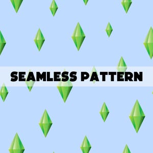 May include: A seamless pattern featuring green diamond-shaped objects on a light blue background. The text "SEAMLESS PATTERN" is displayed in black letters across the middle of the image.