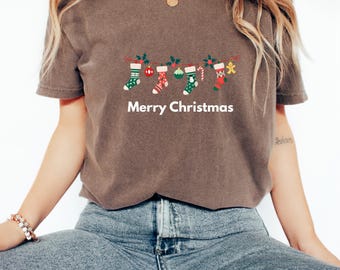 Comfort Colors Christmas Stocking T-Shirt – Unisex Holiday Tee, Festive Gift Shirt, Casual Merry & Bright Christmas Top