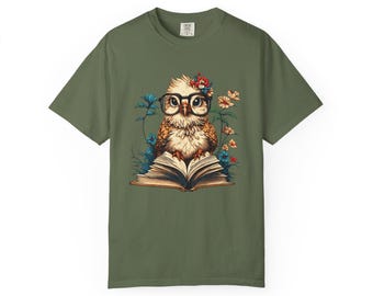 Whimsical Owl Reading T-Shirt, Cute Animal Tee, Gift for Book Lovers, Nature Shirt, Unique Graphic Tee