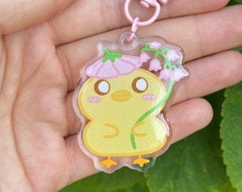 Llavero de pato con purpurina / Charm de flor de acrílico epoxi kawaii