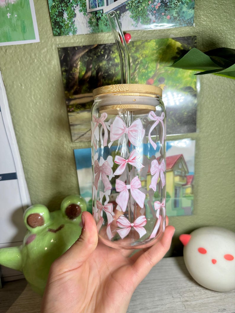 Pink Bow Glass Tumbler - Coquette Cup With Lid & Straw - Etsy