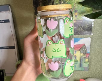 Vaso de vidrio con forma de rana: hecho a mano, de 473 ml (16 oz) con tapa de bambú