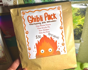 Ghibli Mystery Bag: Stickers, Phone Charm, Acylic Pin, Art Print Bundle (42 dollar value!)