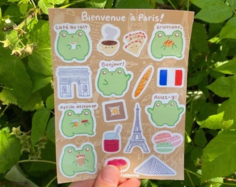Hoja de pegatinas de ranitas francesas | Pegatinas bonitas, pegatinas de París, hojas de pegatinas de París, hoja de pegatinas francesas, Francia, baguette, croissant