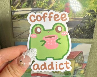 Pegatina de vinilo de rana de café / Adicto a la cafeína, calcomanía para computadora portátil