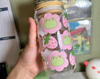 Vaso de vidrio con forma de rana y fresa: vaso de 16 oz con tapa de bambú y pajita