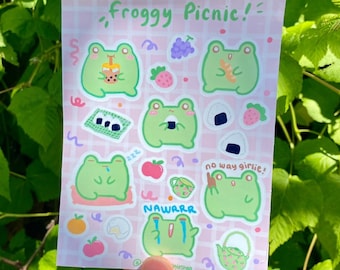 Hoja de pegatinas de picnic de ranitas | Hoja de pegatinas adorables, hojas de pegatinas de ranitas, pegatinas para portátil, pegatinas para botella de agua