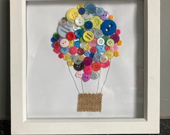 Baby room decor, hot air balloon, button art, bright colour wall art, gift for baby, button art frame, christening gift