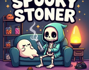 May include: A cartoon illustration for a coloring book with the text "Spooky Stoner" above a skeleton character in a teal hoodie holding a smoking pipe. A ghost and black cat are also present. The text "Cute & Creepy Coloring Book" is at the bottom.