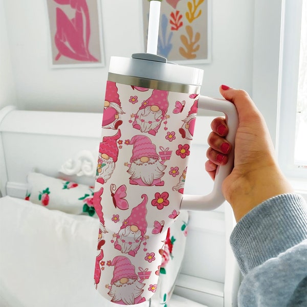 Pink Christmas Gnomes Tumbler, Christmas Vibes 40oz Tumbler, Christmas Family Trip Tumbler, Gnome Fall Tumbler with Lid n Straw