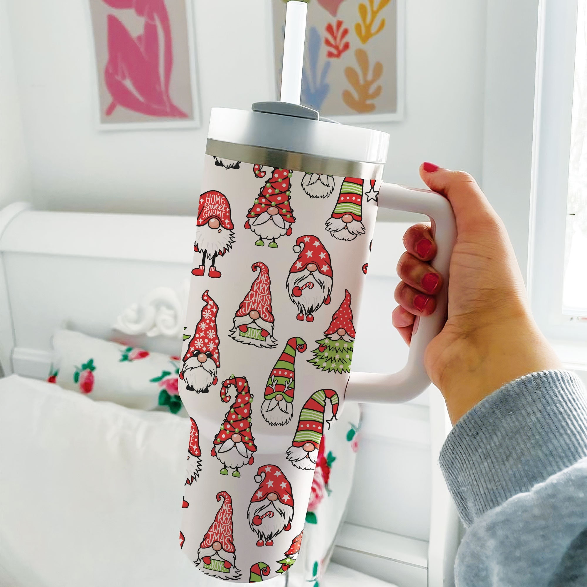Gnomes love christmas - Christmas Tumbler 20 oz Travel Holiday Coffee Mug  Gnome Skinny Tumblers with Lid and Straw Stainless Steel Insulated Coffee