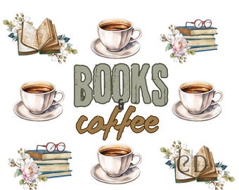 File PNG Libri e caffè: Design di trasferimento DTF (download digitale)
