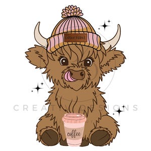 Highland Cow Coffee Addict PNG, Baby Highland Cow, Digital Download, Sublimation, Cow Clipart, Png Designs, Stickers