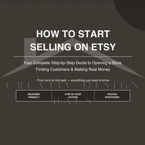 May include: A dark gray informational graphic titled HOW TO START SELLING ON ETSY. It includes the subtitle Your Complete Step-by-Step Guide to Opening a Store, Finding Customers & Making Real Money, and three boxes labeled BEGINNER FRIENDLY, STEP-BY-STEP SYSTEM, and PROVEN STRATEGIES.