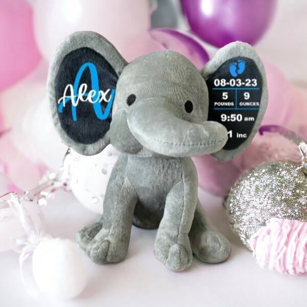 Personalized Stuffed Elephant Plush - Birth Announcement Elephant Toy - Baby Boy Girl Elephant Birth Stat - Elephant Baby Gift