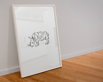 Rhino Print, Black and White Illustration, Digital Download, Fine Art, Modern Art, Animal Art, Line Drawing, Home Decor, Minimalist