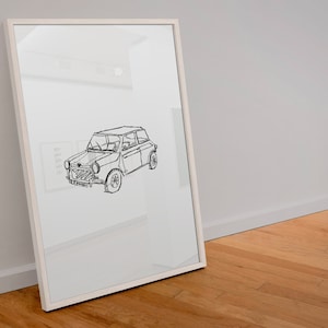 Mini Cooper Print, Impresión en blanco y negro, Descarga digital, Bellas Artes, Arte Moderno, Arte del Coche, Dibujo lineal, Decoración del Hogar, Minimalista