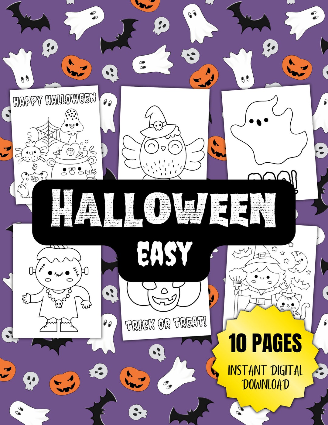 10 Halloween (easy) Coloring Pages - Kids Coloring Book, Instant Digital Download - Etsy