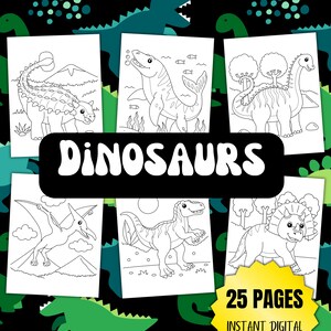 25 Dinosaur Coloring Pages - Kids Coloring Book, Instant Digital Download