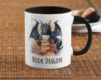 Black Book Dragon With a Stack of Books Two-Tone Coffee Mug, 15oz, Reading Gift, Literary Mug, Dragon Mug, Book Mug, Book Dragon, Reader Mug