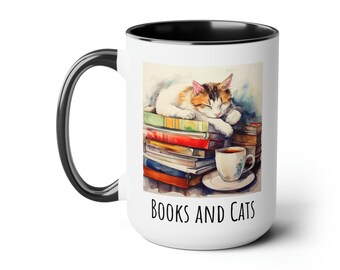 Books and Cats, Calico 15oz Mug, Readers Gift, Gift for Teachers, Gift for English Majors, Gift for Cat Moms, Cat Mug, Gift for Book Lovers