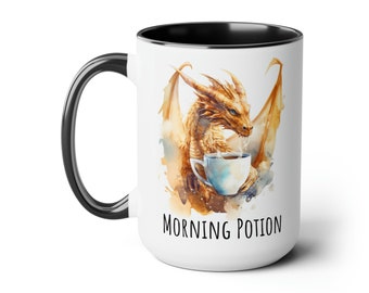 Morning Potion Dragon Drinking Coffee, 15oz Mug, Funny Dragon Gift, Dragon Mug, Morning Potion Mug, Gift for Nerds, Funny Nerdy Gift