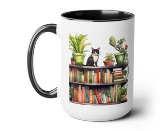 Bookshelf Cat Mug, 15oz, Gift for Readers, Gift for English Majors, Gift for Teachers, Book Gift, Bookshelf Mug, Bookshelf Decor, Cat Decor