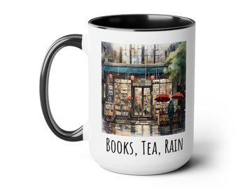 Books, Tea, Rain, 15oz Mug, Bookstore Coffee Mug, Book Gift, Reading Gift, Gift for English Majors, Gift for Teachers, Book Club Gift