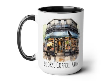 Books Coffee Rain 15oz Mug, Bookstore Coffee Mug, Book Gift, Reading Gift, Gift for English Majors, Gift for Teachers, Book Club Gift