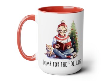 Home for the Holidays 15oz Mug, Christmas Coffee Mug, Christmas Gift, Hot Coco Mug, Girl Reading a Book with her Cat by a Christmas Tree.