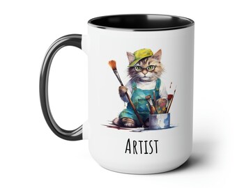 Artist Cat Mug 15oz, Gift for Artists, Gift for Tattoo Artists, Gift for Graphic Designers, Gift for Painters, Artist Coffee Mug, Art Mug