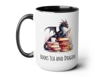 Books Tea and Dragons 15oz Mug, Gift for Readers, Library Mug, Book Dragon Mug, Book Mug, Reader Mug, Dragon Mug, Gift for Book Collectors