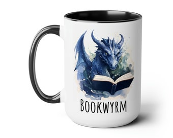 Blue Book Dragon, Bookwyrm, Two-Tone Coffee Mug, 15oz, Dragon Mug, Book Mug, Reader Mug, Blue Dragon Mug, Literary Mug, Readers Gift