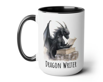 Black Dragon Writer Two-Tone Coffee Mug, 15oz, Writing Mug, Writing Inspiration, Fantasy Writing Mug, Dragon Mug, Journalist Mug, Author Mug