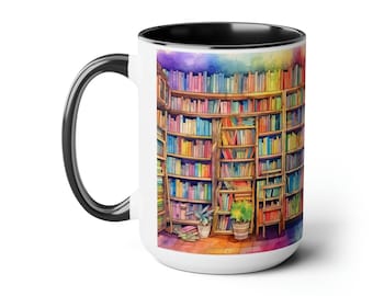 Rainbow Library 15oz Mug, Bookshelf Mug, Rainbow Bookshelf Decor, Book Decor, Reading Decor, Colorful Book Decor, Book Club Gift, Book Mug