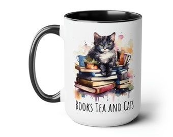 Books Tea and Cats 15oz Mug, Readers Gift, Gift for Teachers, Gift for English Majors, Gift for Cat Moms, Cat Mug, Gift for Book Lovers