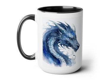 Blue Dragon Two-Tone Coffee Mug, 15oz, Dragon Mug, Reading Mug, Fantasy Mug, Dragon Aesthetic, Dragon Lovers Gift, Dragon Enthusiast