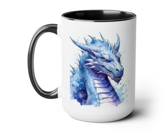 Blue Sapphire Dragon, Two-Tone Coffee Mug, 15oz, Gift for Readers, Gift for Dragon Lovers, Dragon Mug, Gift for Game Masters, Gamer Mug