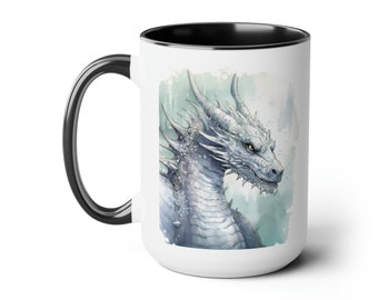 Silver Dragon Two-Tone Coffee Mug, 15oz, Dragon Mug, Reading Mug, Fantasy Mug, Dragon Aesthetic, Dragon Lovers Gift, Fantasy Enthusiast Mug
