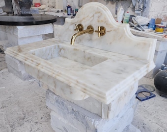 Lavabo de mármol Calacatta Viola, lavabo flotante con protector contra salpicaduras, lavabo de mármol, lavabo de tocador, lavabo de pared
