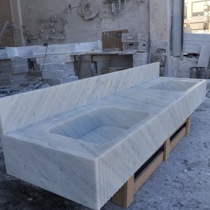 Carrara White Marble Double Integrated Sink, Wall Mounted Marble Sink, Marble Bathroom Sink with Countertop image 3