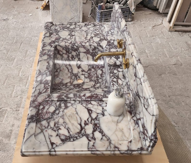 Calacatta Viola Marble Sink - Bathroom Sink - Countertop Sink - Vanity Sink - Small Marble Sink - Calacatta Viola Wall Mounted Sink - Farmhouse Sink - Sink - Basin - Square Marble Sink - Cheap Marble Sink - Marble Sink Models - Marble Sink with Metal Legs - Marble Sink with Cabinet - Marble Washbasin - Vessel Sink