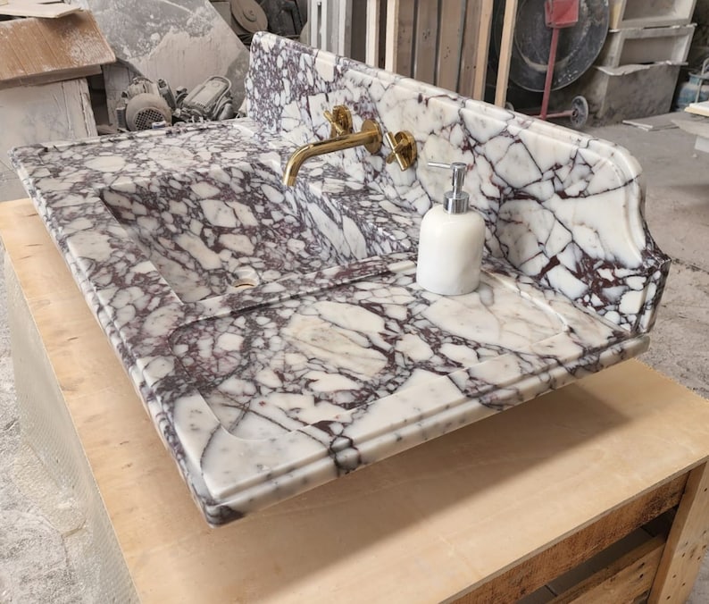 Calacatta Viola Marble Sink - Bathroom Sink - Countertop Sink - Vanity Sink - Small Marble Sink - Calacatta Viola Wall Mounted Sink - Farmhouse Sink - Sink - Basin - Square Marble Sink - Cheap Marble Sink - Marble Sink Models - Marble Sink with Metal Legs - Marble Sink with Cabinet - Marble Washbasin - Vessel Sink