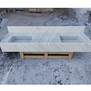 Carrara White Marble Double Integrated Sink, Wall Mounted Marble Sink, Marble Bathroom Sink with Countertop image 2