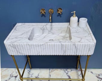 Lavabo de mármol de Carrara, lavabo de baño estilo casa de campo hecho a medida, piedra natural pulida, lavabo de tocador.